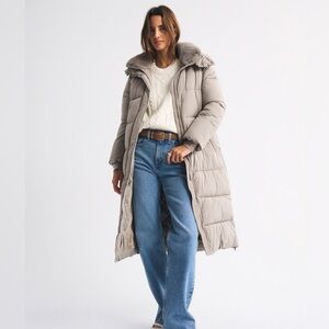 Abercrombie & Fitch Long Puffer Coat in Sand